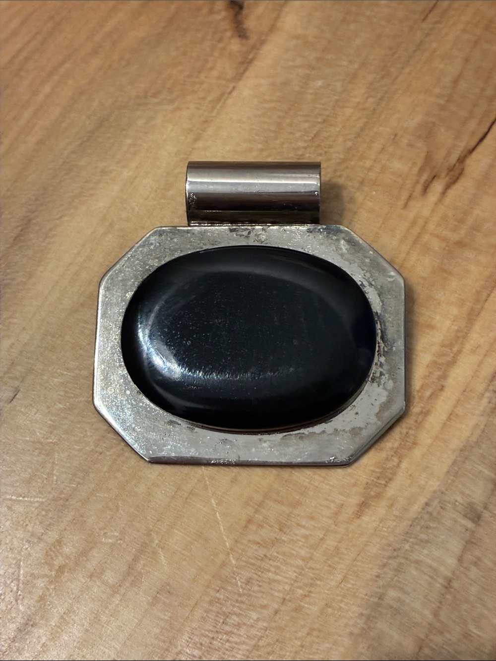 Vintage Black Faux Stone and Metal Pendent — Silver-Tone